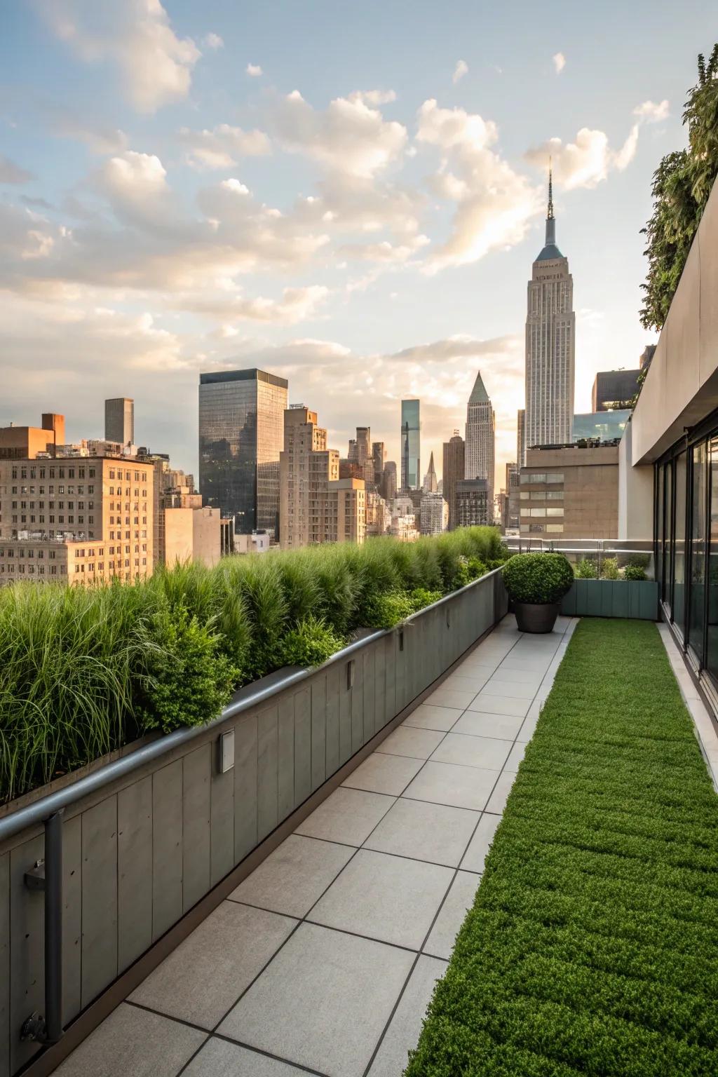 A rooftop terrace evolves into a verdant retreat with the incorporation of a vegetation-covered partition.