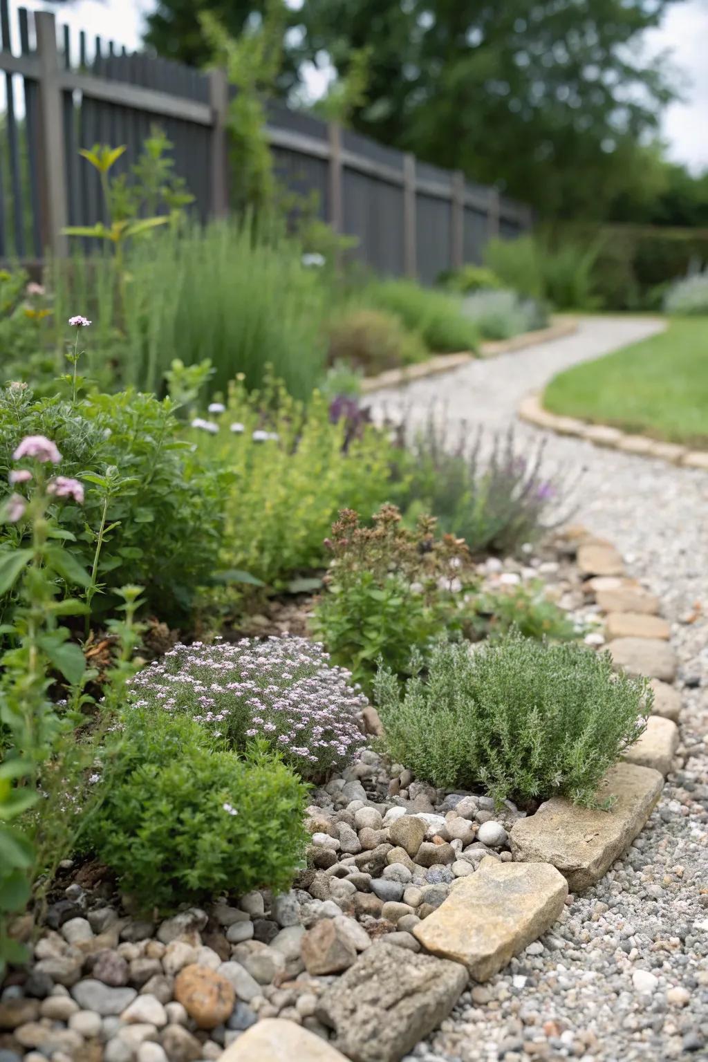 A fragrant herb garden in a gravel flower bed