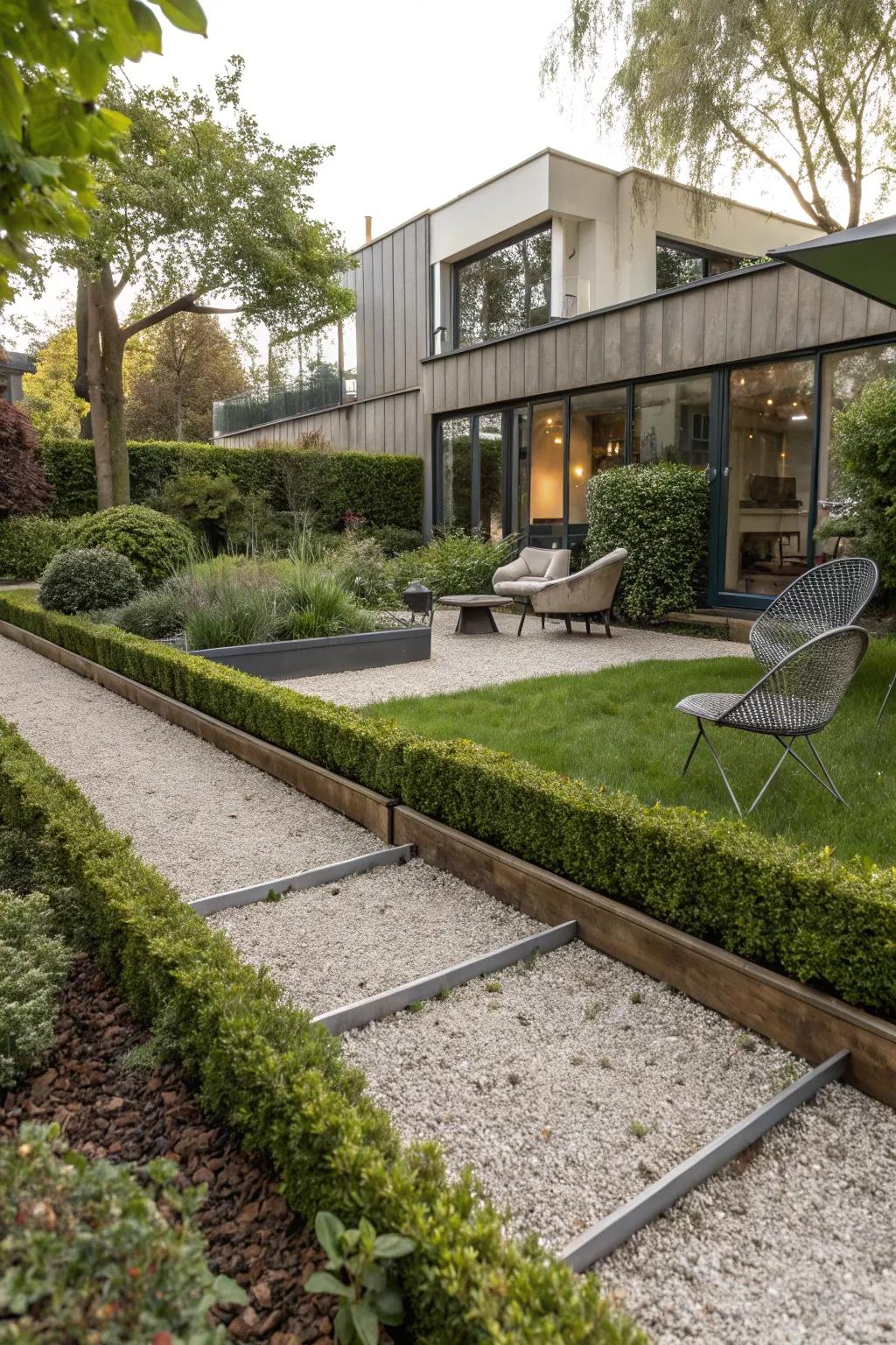 Modern garden design with chippings and sleek metal bordering.
