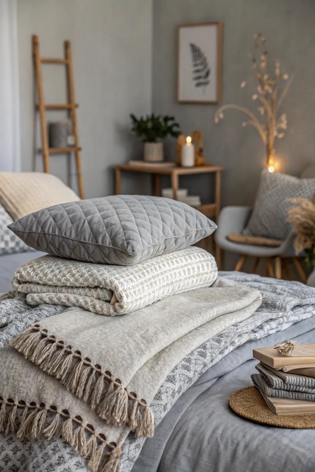 Textured fabrics enhancing the inviting atmosphere of gray bedrooms.
