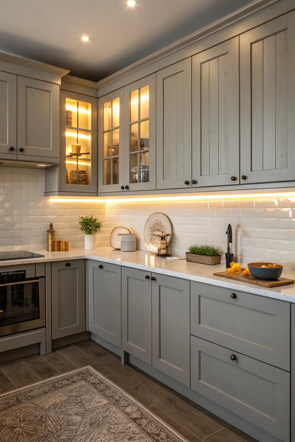 Matte gray cabinets radiate understated sophistication in this kitchen.