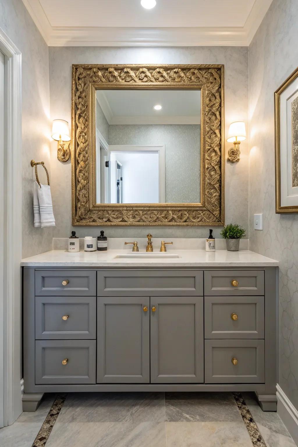 A sophisticated bathroom showcases a gray vanity highlighted by a statement mirror.