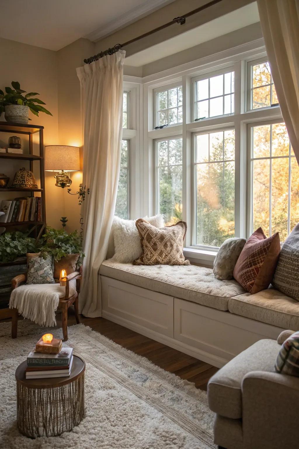 An inviting window seat encourages relaxation in this charming living room.