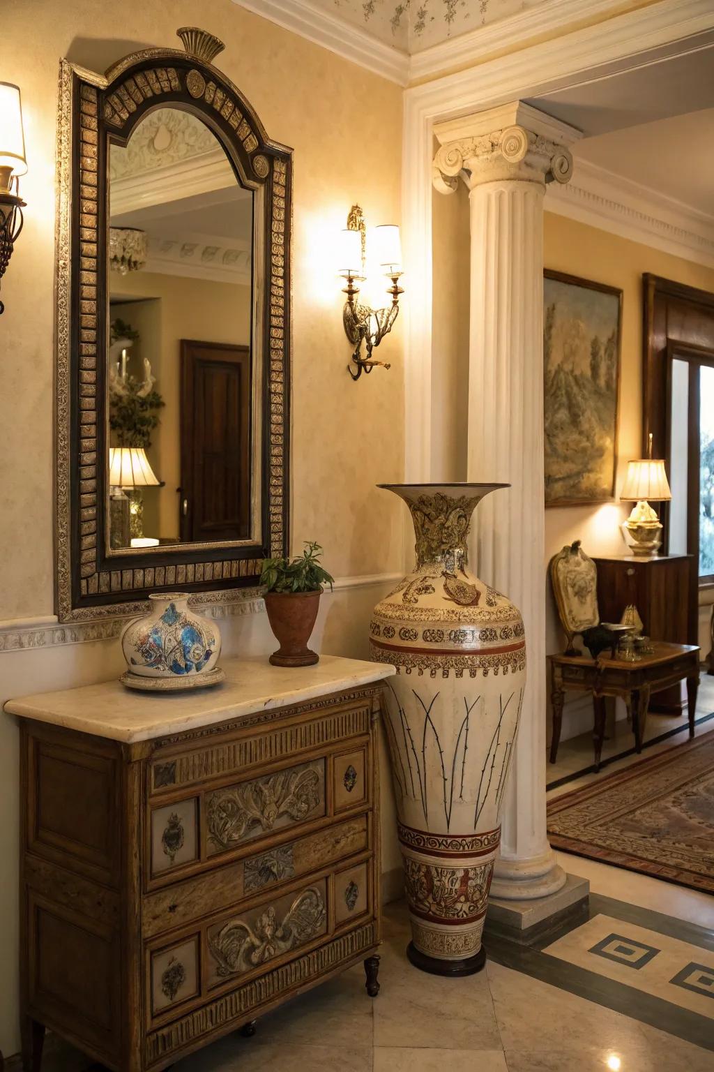 Vintage pieces contribute character and dimension to Hellenic decor.