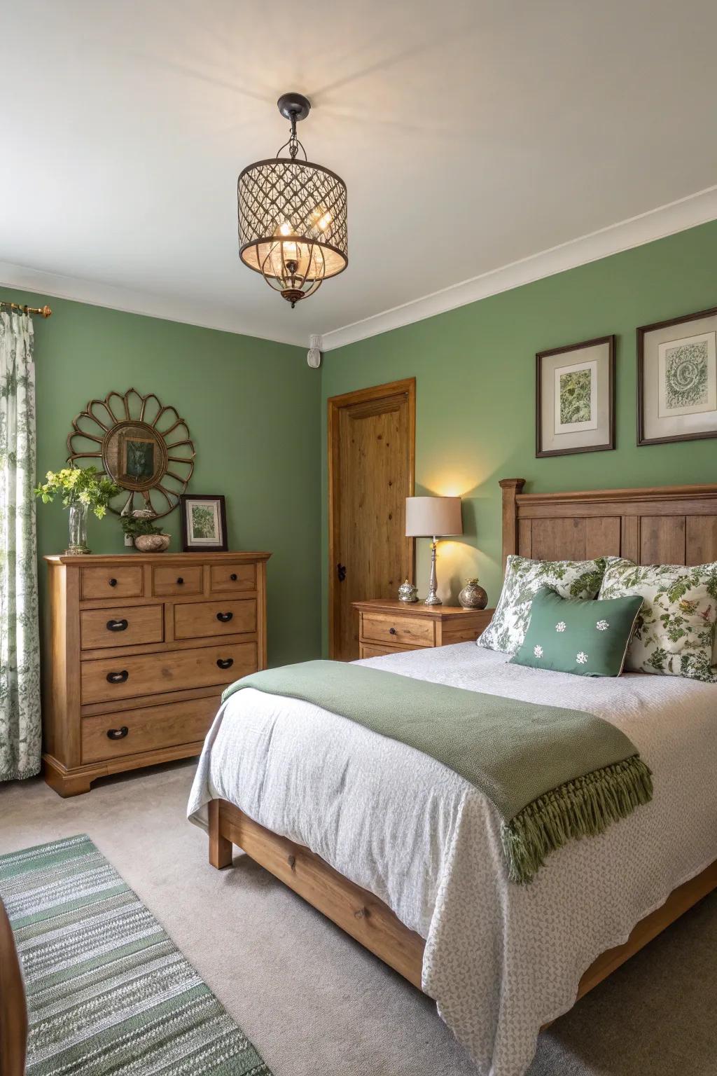 Green paint revitalizes this bedroom, fostering a vibrant and welcoming look.