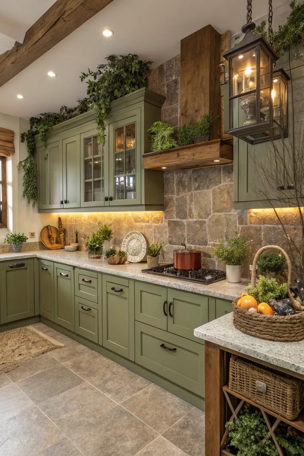 Earthy kitchen featuring forest floor cabinets and raw materials.