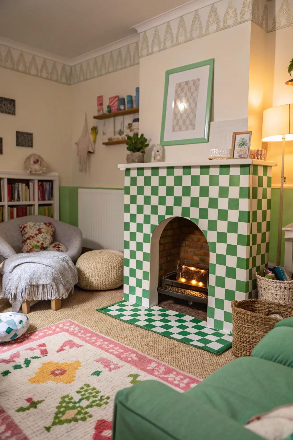 A playful living room featuring a unique verdant and white check pattern fireplace.