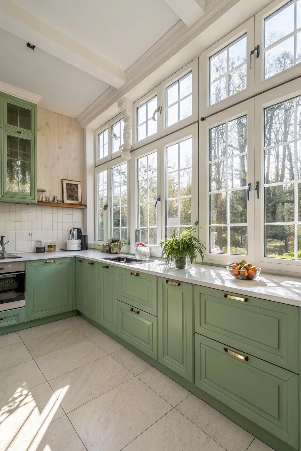 Daylight enhances the beauty of green kitchen cabinets.