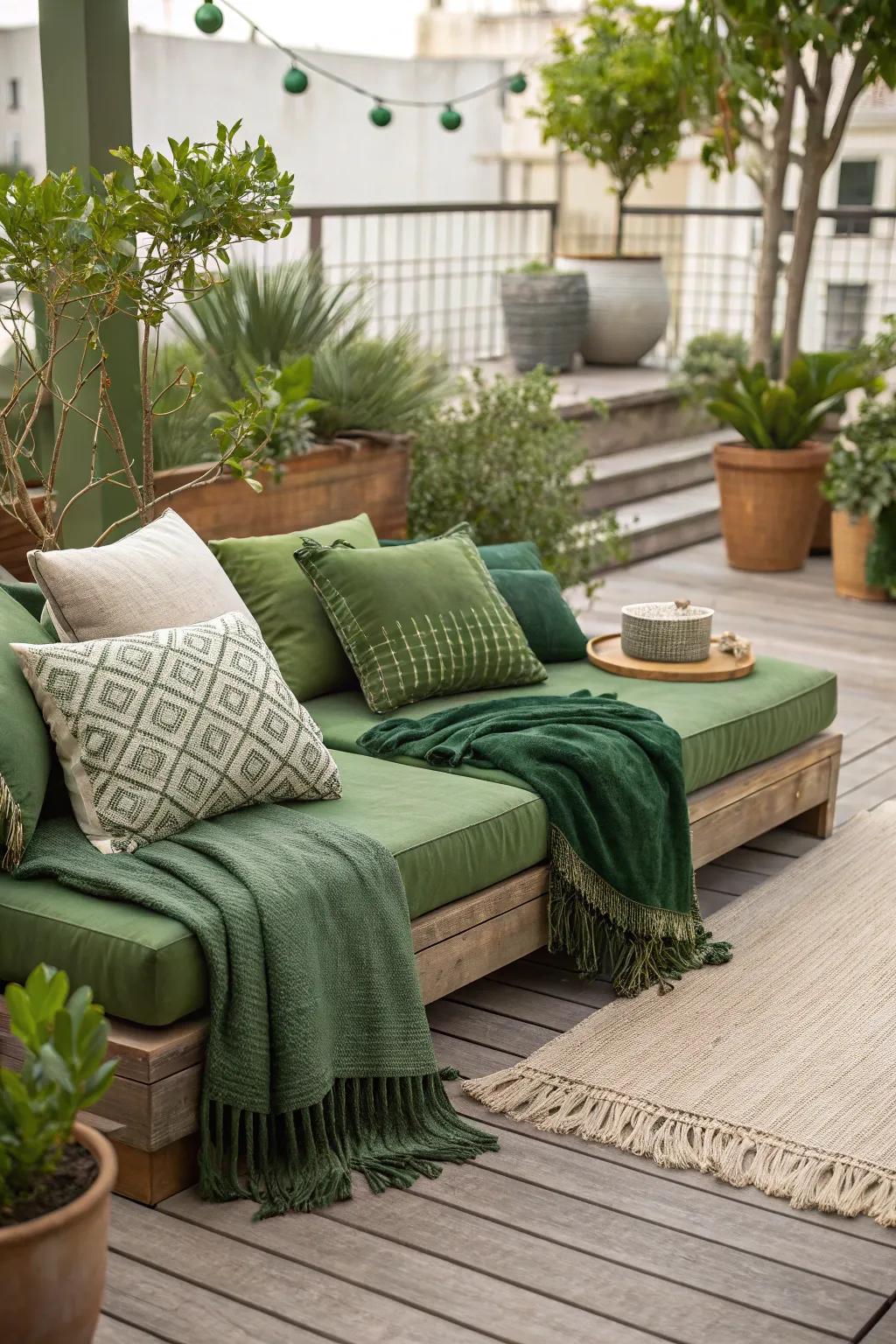A stylish veranda enhanced by emerald accents.