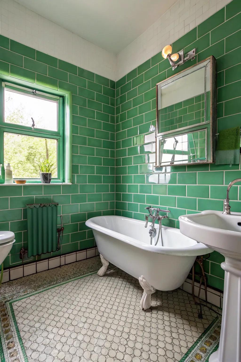 Retro green tiles add a nostalgic and playful edge.