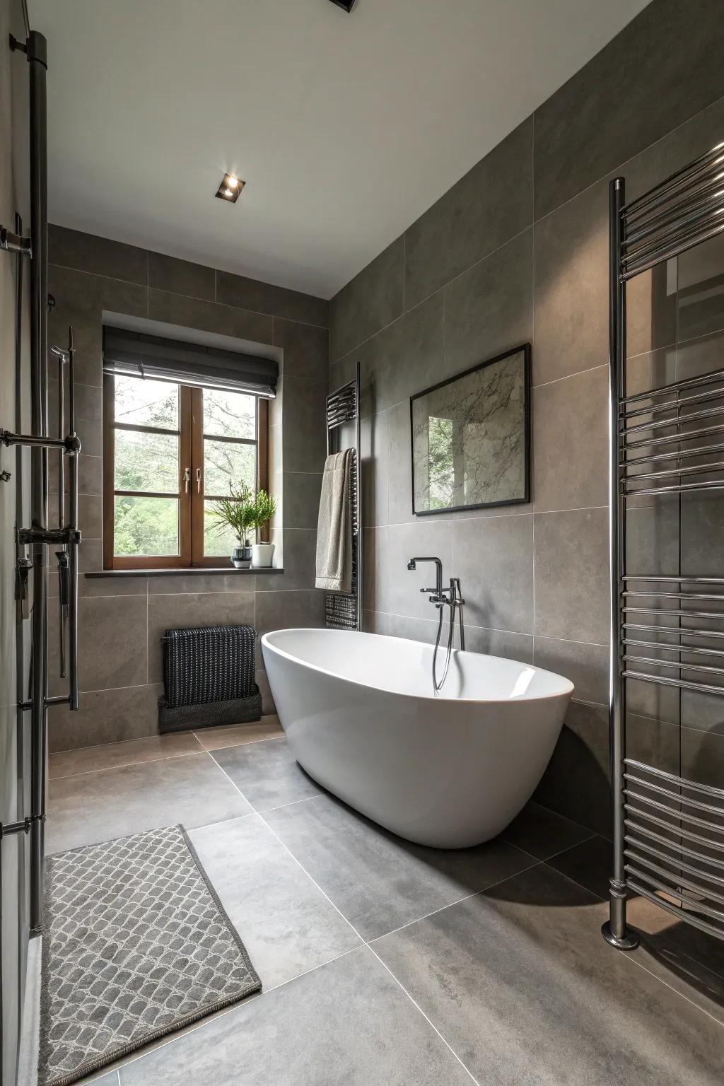 A freestanding tub adds elegance and luxury to the grey bathroom.