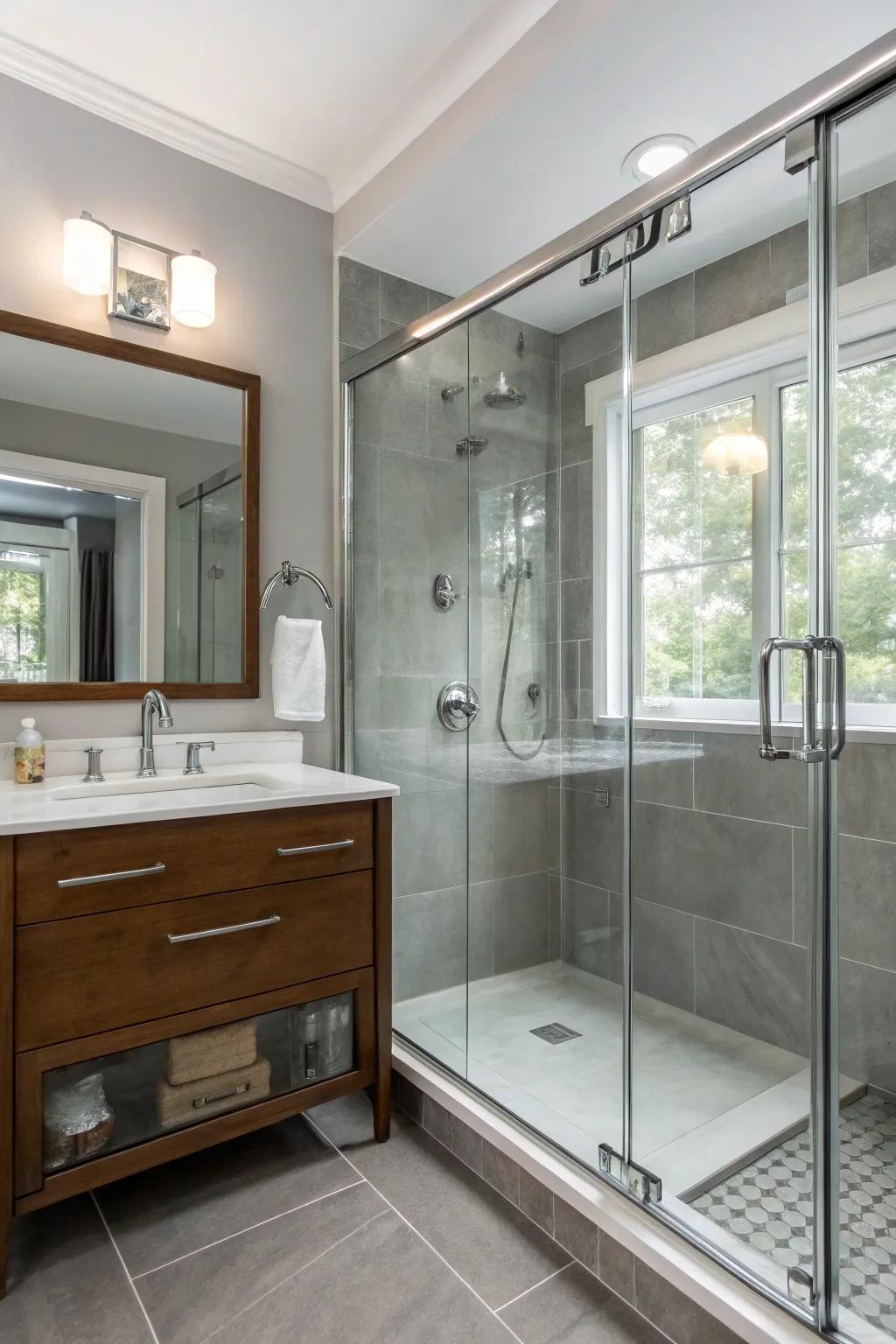 Metal grey walls and chrome fixtures create a sleek, modern bathroom.