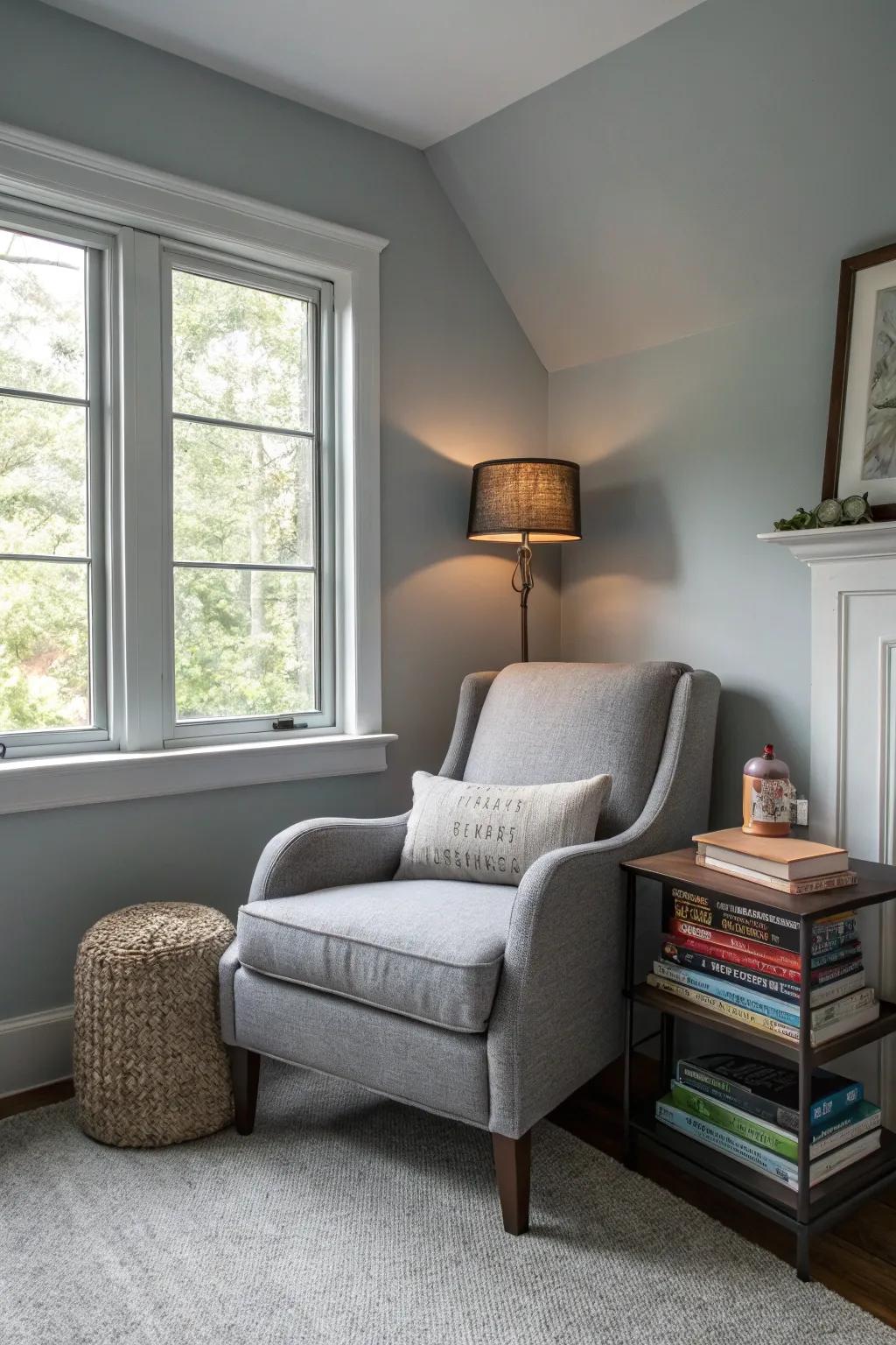 A grey reading nook offers a personal retreat.