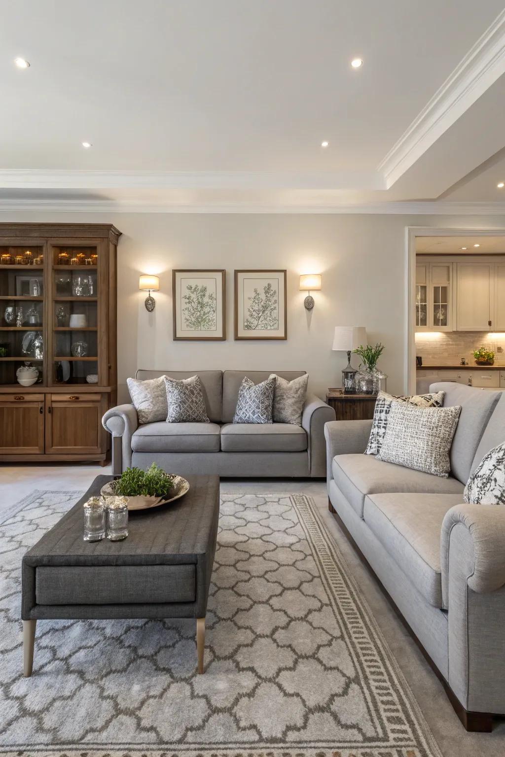 Balance delivers balance to a room centered around a grey couch.