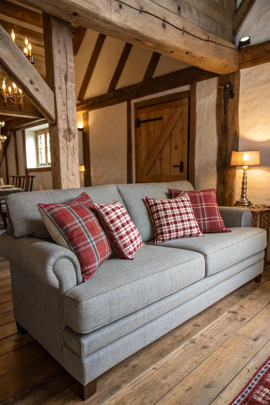 Rustic patterns add warmth and charm to the living space.