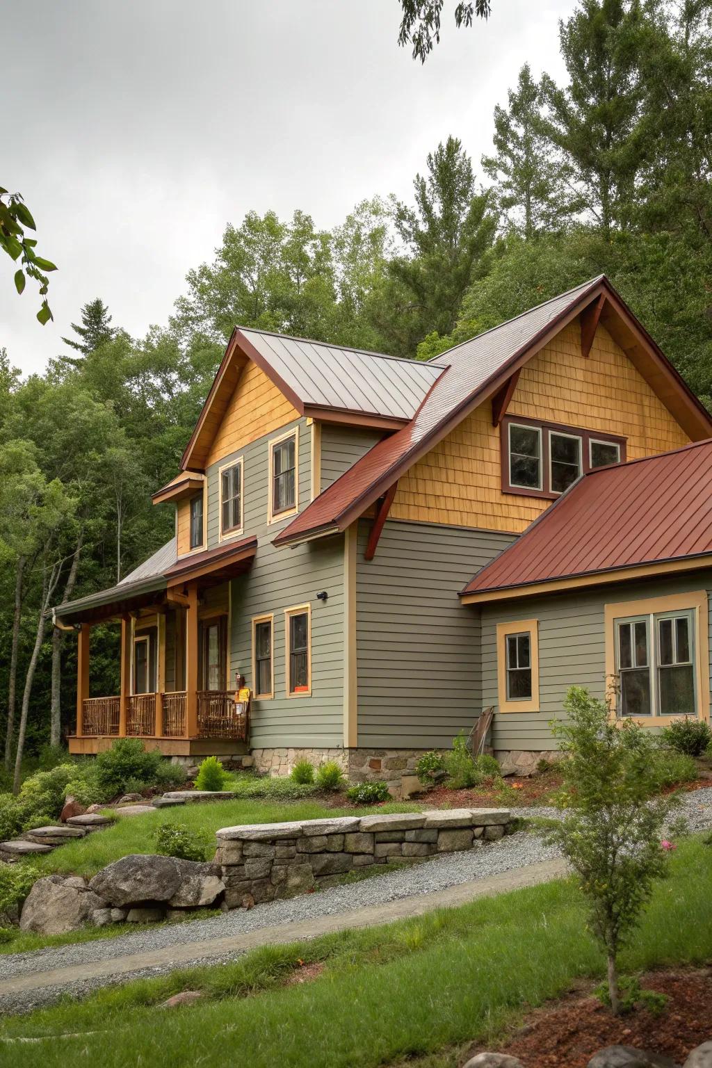 Warm grey with earthy shades creates a cozy and welcoming exterior.