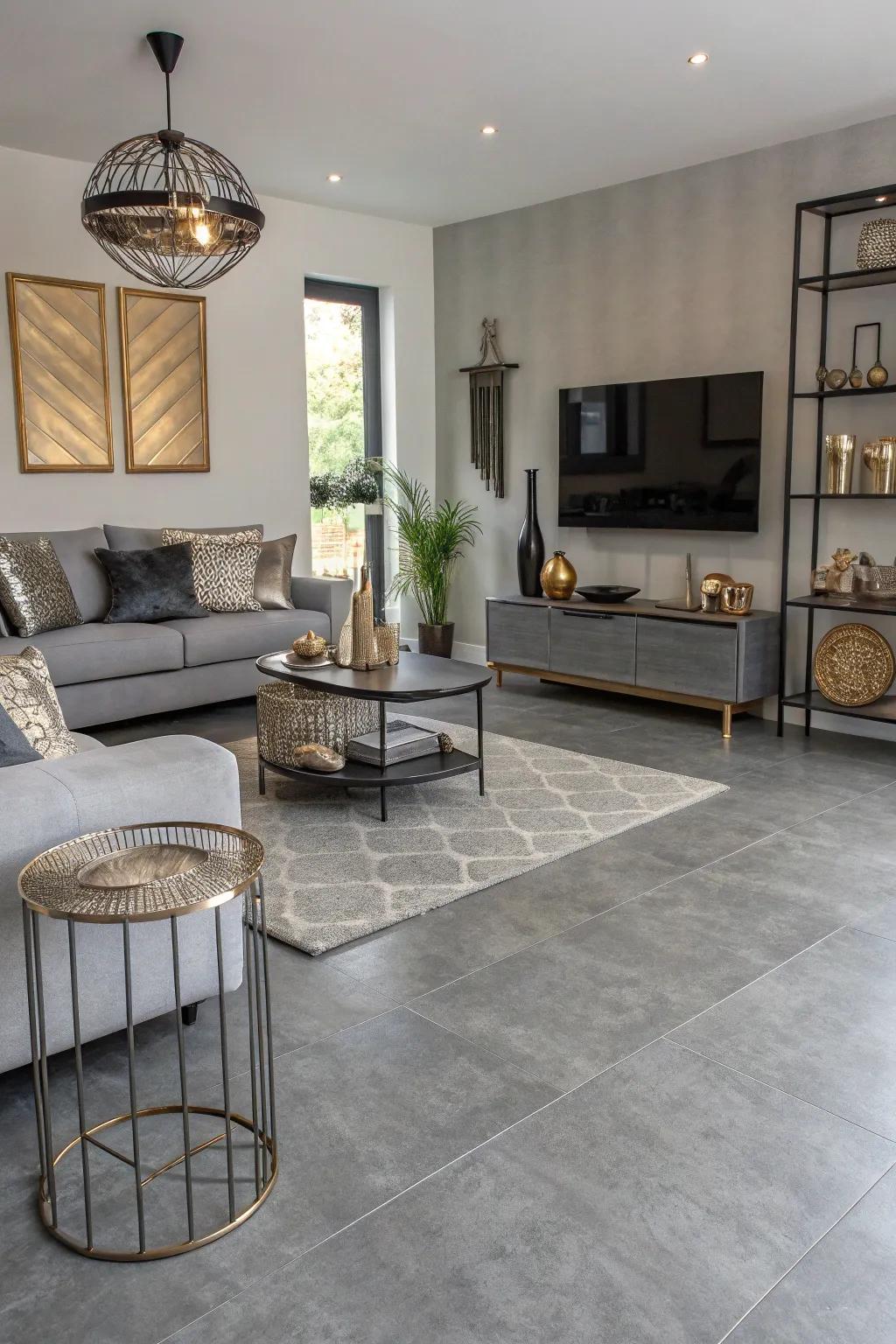 Metallics add a glamorous touch to grey flooring.