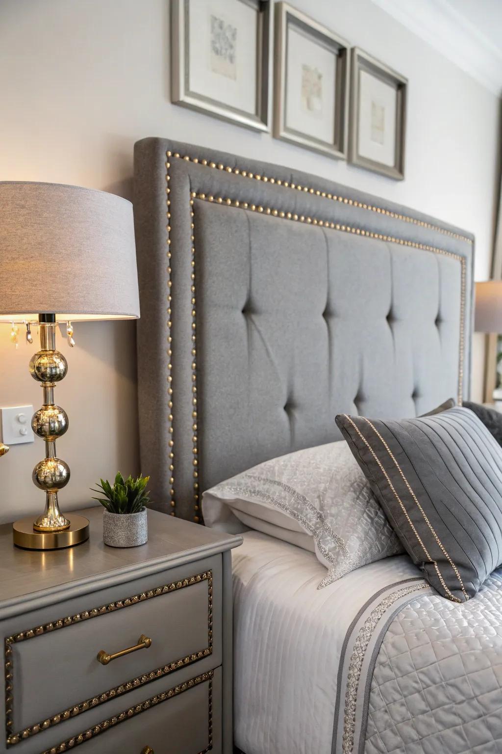 Elegant shimmering accents enrich the subdued tones of a grey headboard.