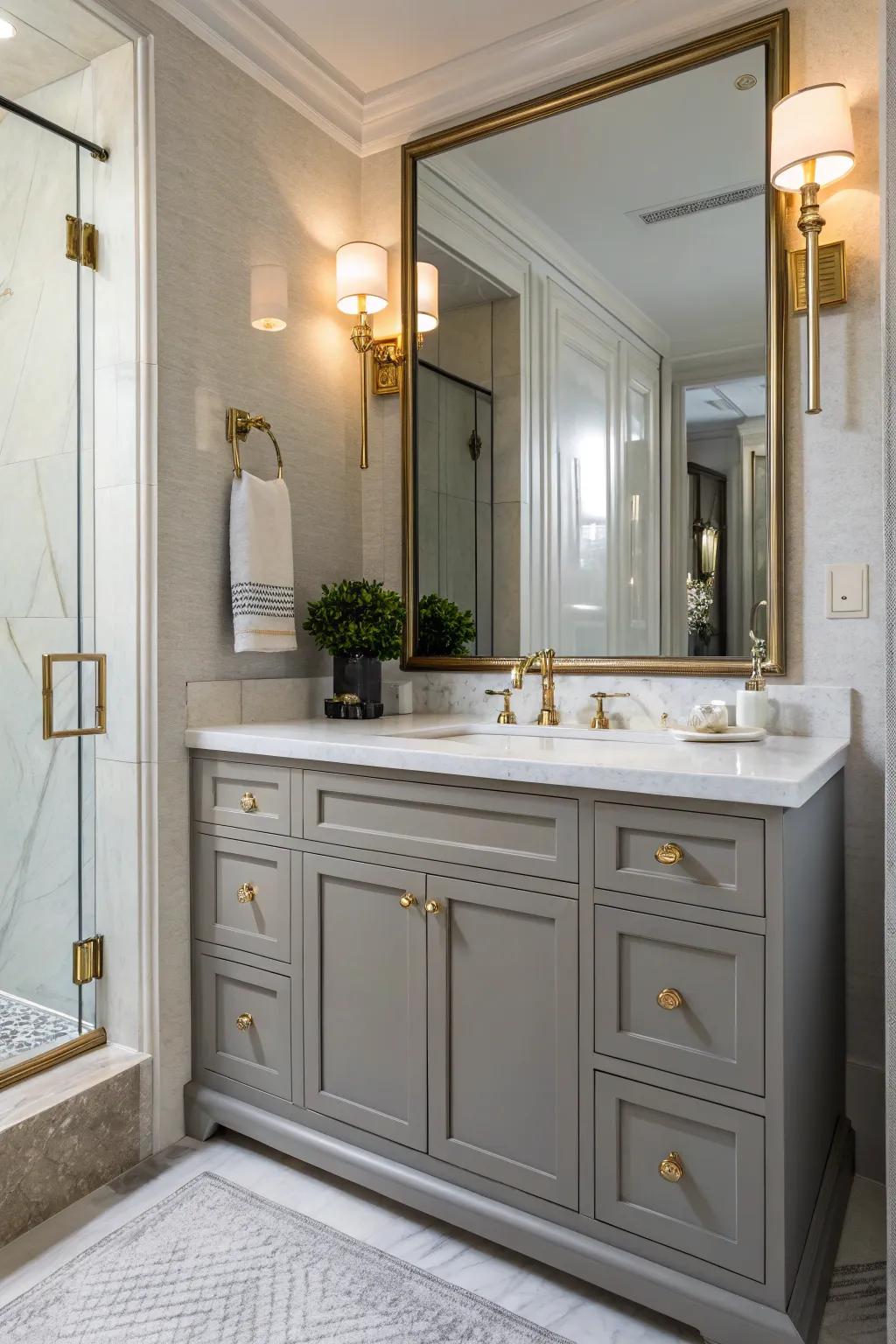 Brass fittings introduce a warm, elegant element to the grey vanity.