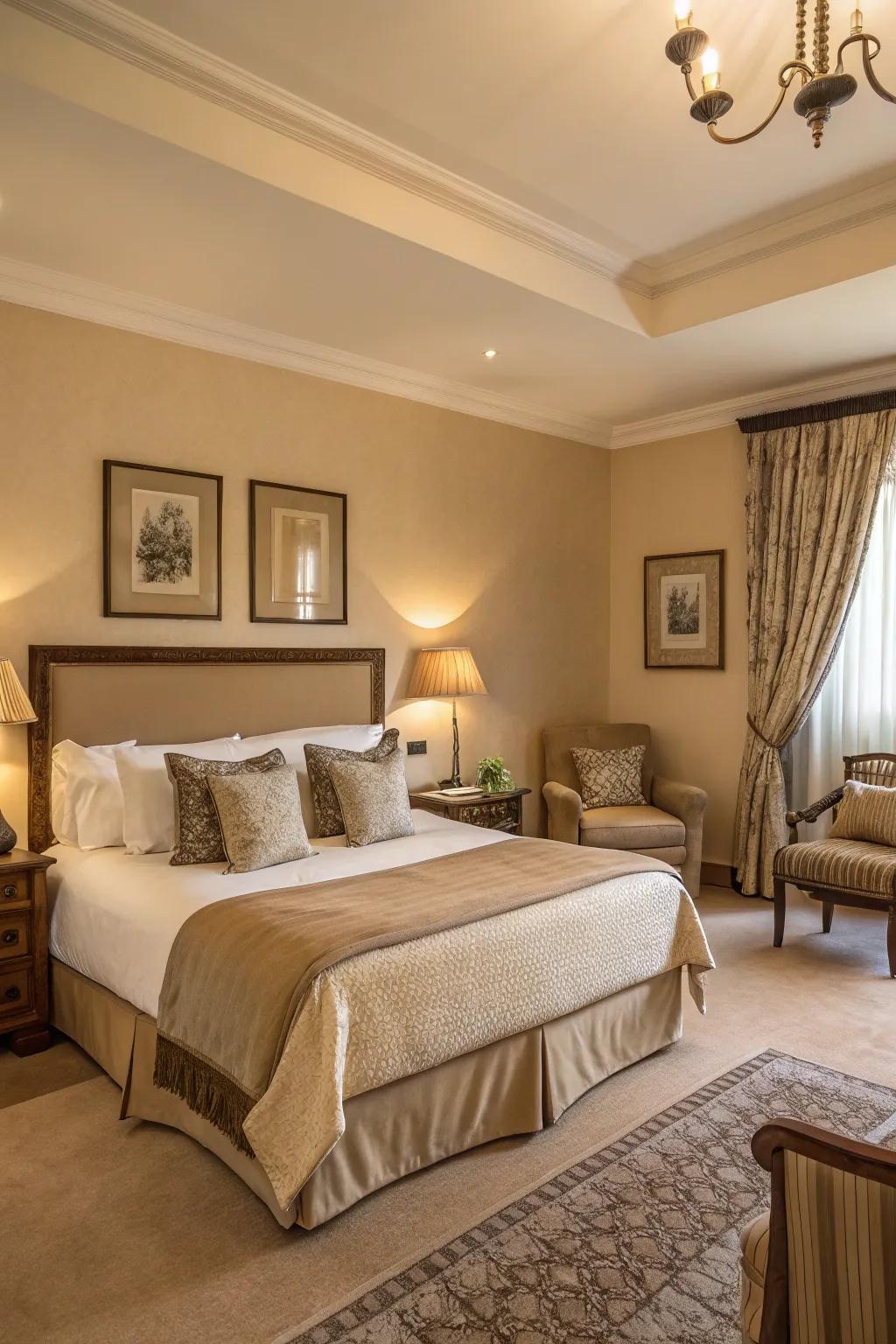 A versatile guest room with warm beige for a balanced look.