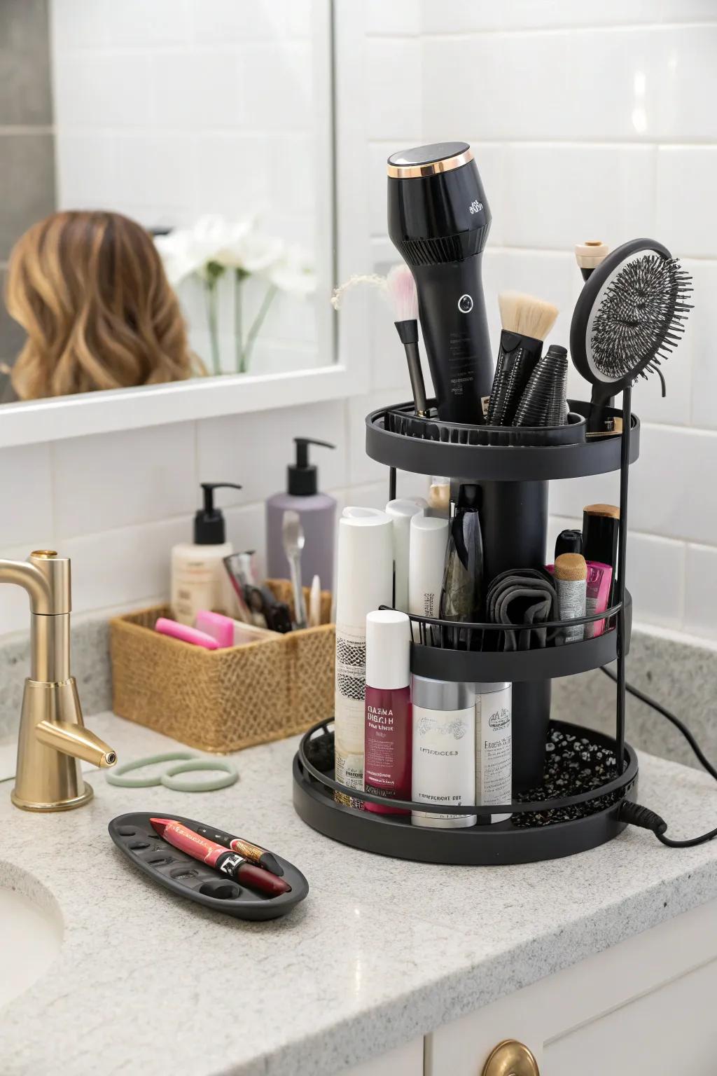 Efficient spinning tower for quick access to styling essentials.