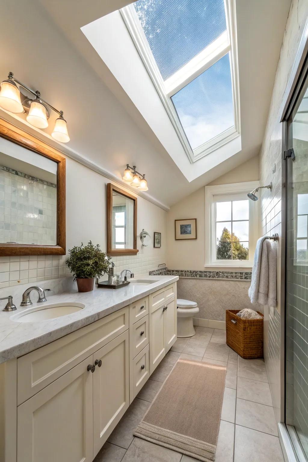 A skylight brightens a hall bathroom with natural light, enhancing its openness.