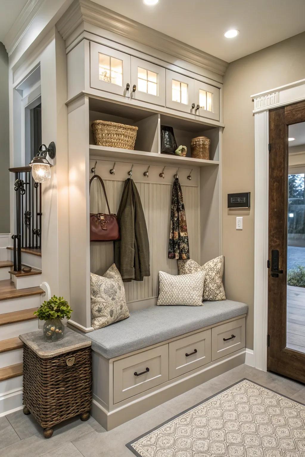 Merge seating and storage with a bench-style hall tree.