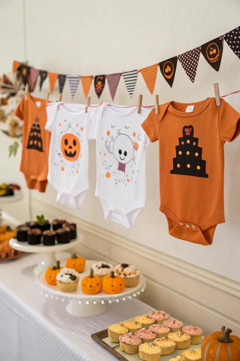 A onesie garland adds charm and personality to the decor.