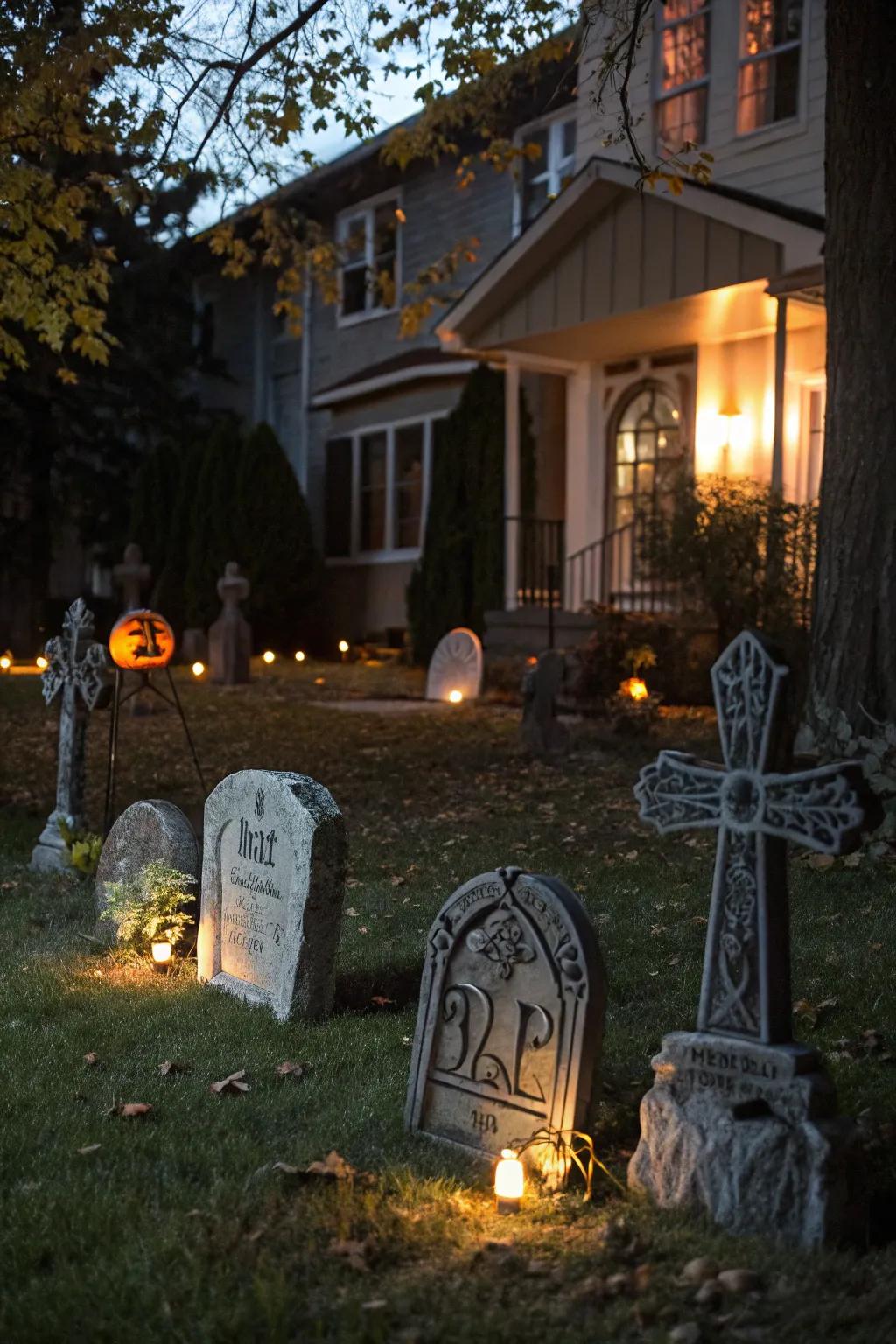 Tombstone props and lighting create a dramatic graveyard look