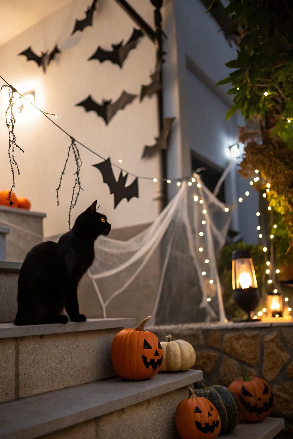 Take in classic Halloween signs with a onyx felines and bats theme.
