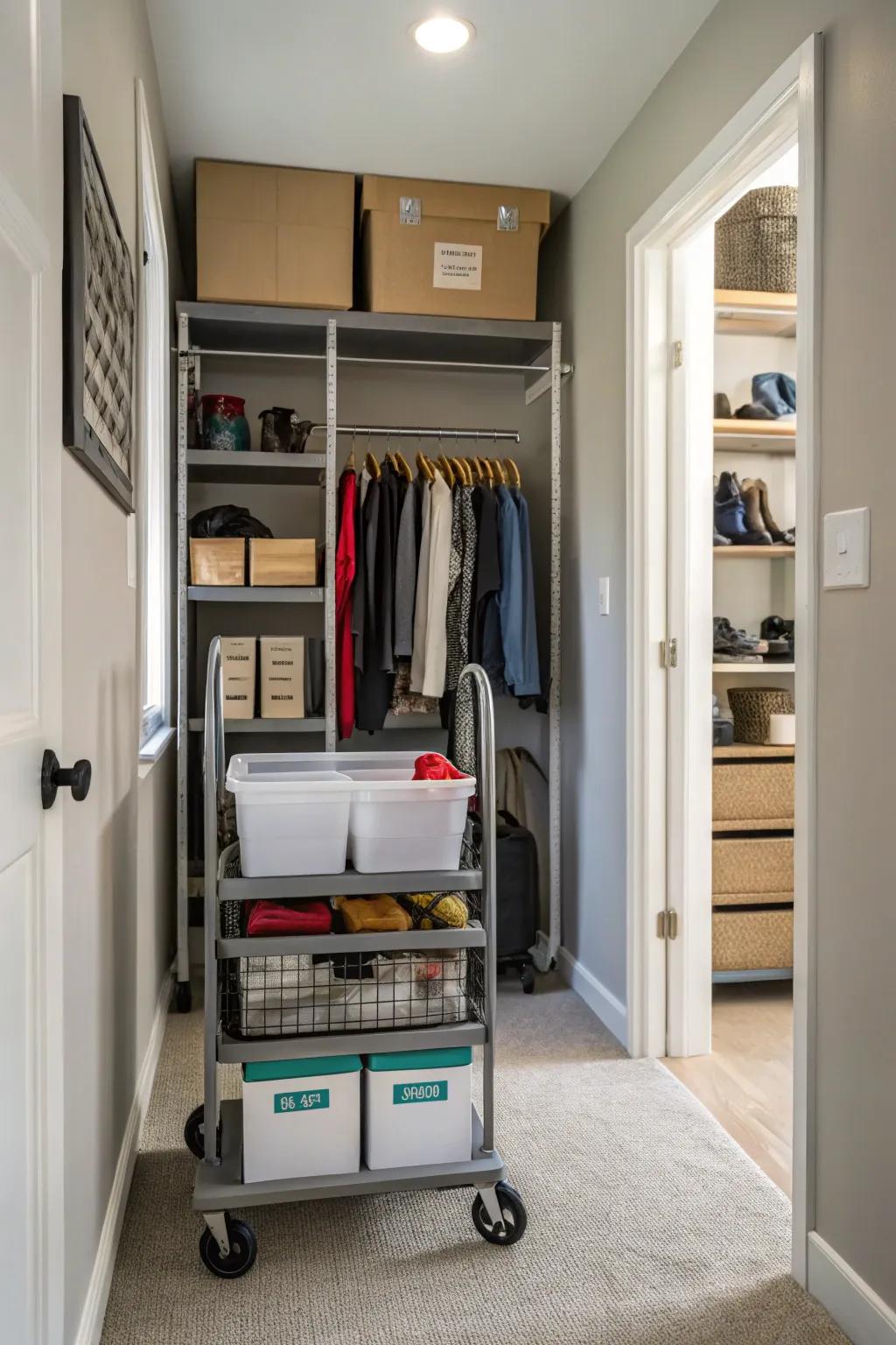 A wheeling cart in a corridor closet for adaptable and reachable storage.