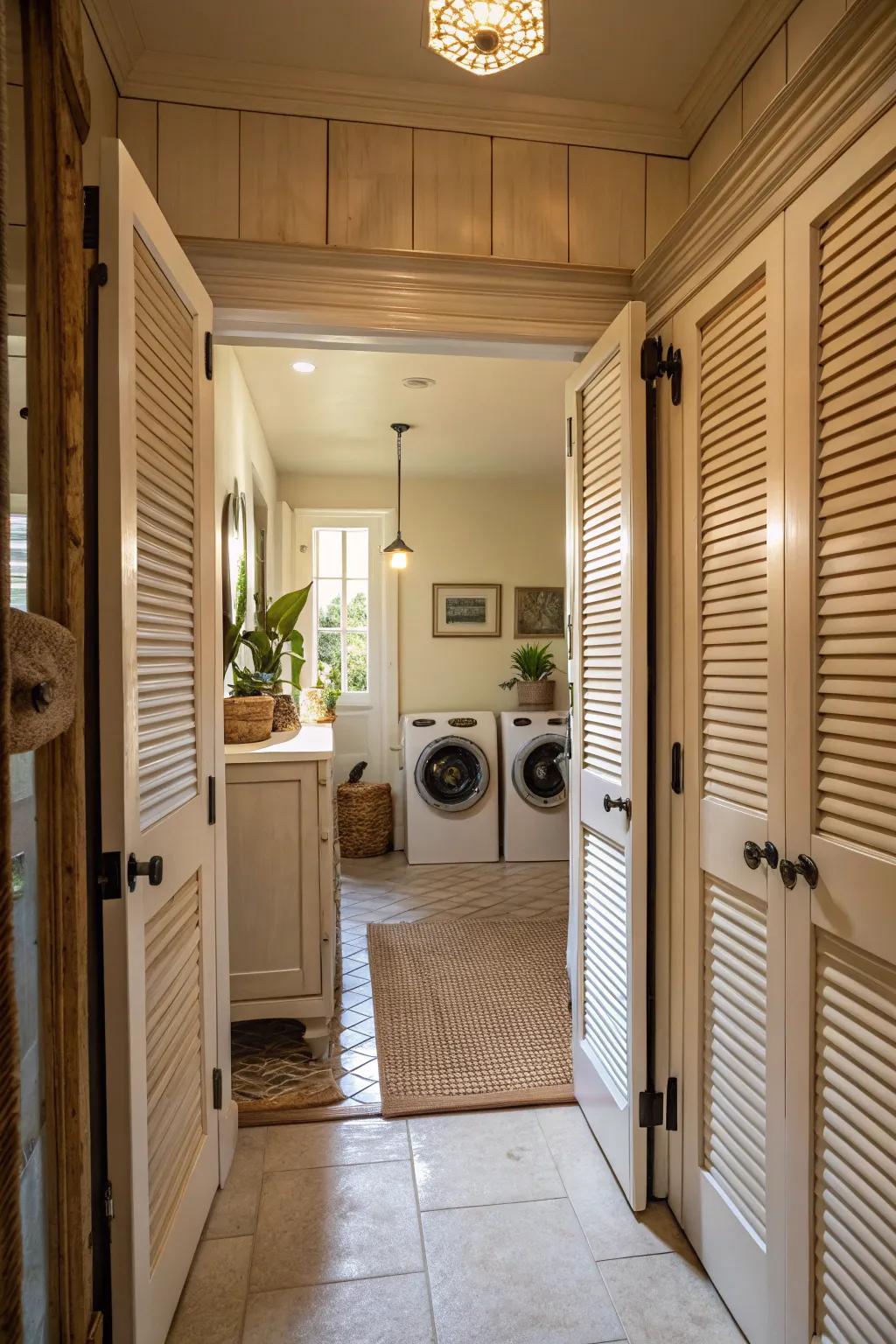 Slatted doors contribute vintage charm and function to a corridor washing room.