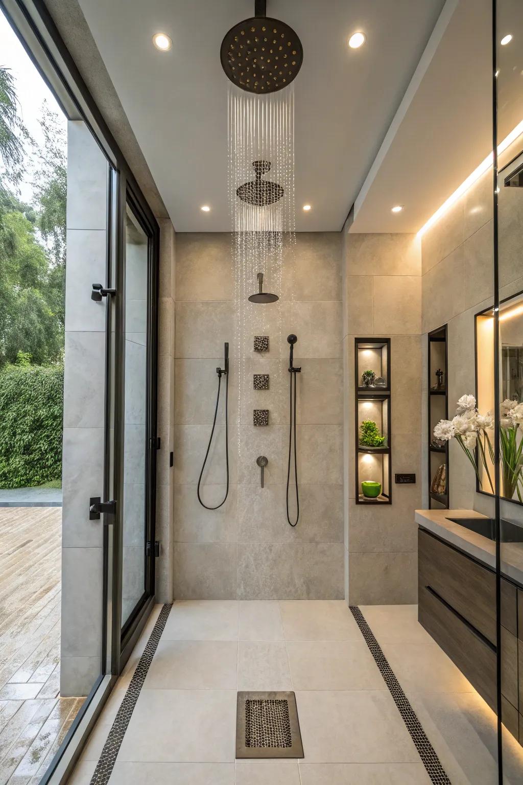 Realize a cohesive aesthetic through vertically aligned showerheads.