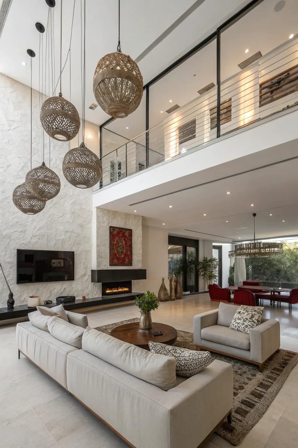 Suspended sculptures introduce an artistic style to your decor.