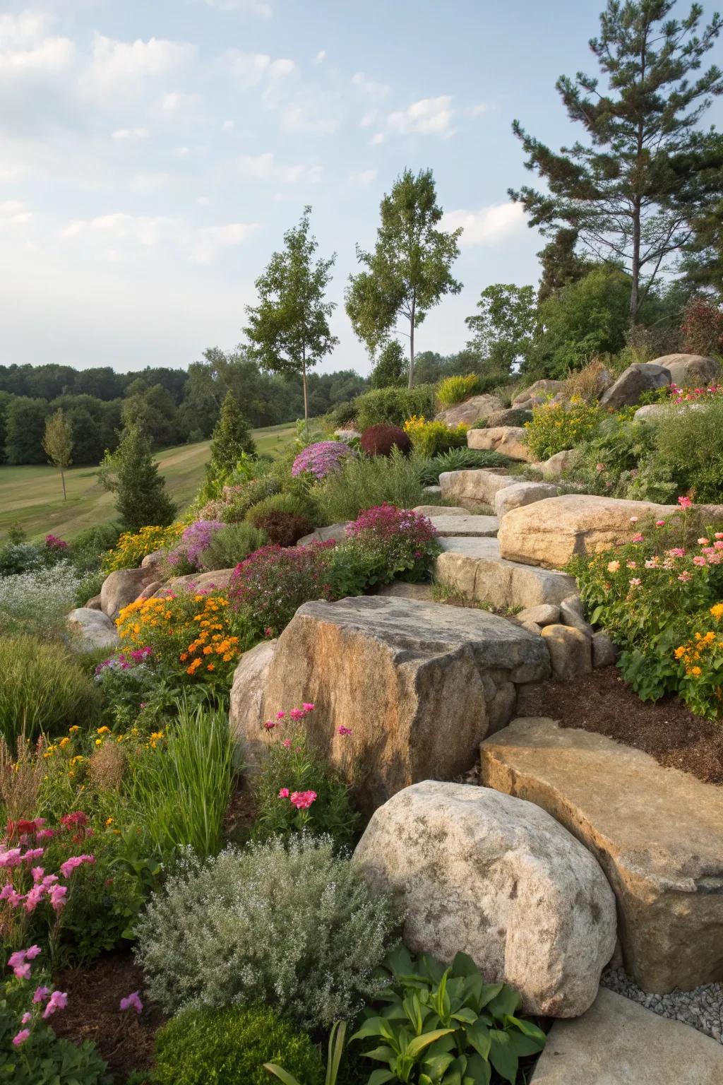 Natural boulders bring untamed beauty and structure to garden landscapes.