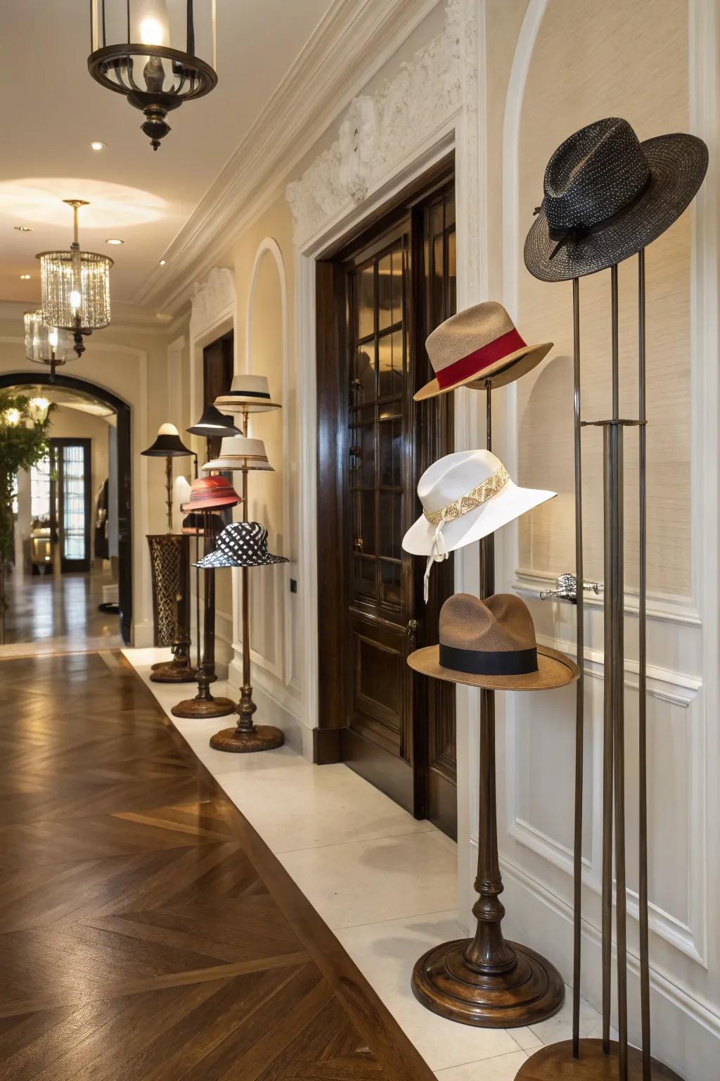 Elegant hat stands in entryway.
