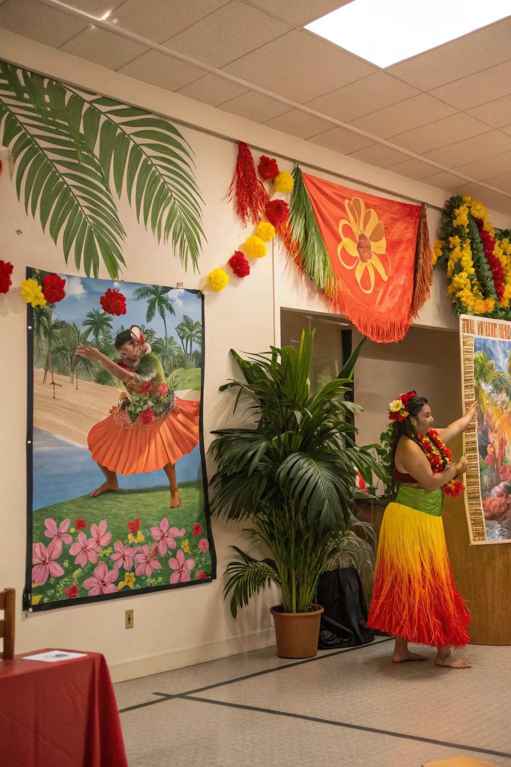 An artwork of Hawaiian ethnic festivities attaching vibrancy to a merry room.