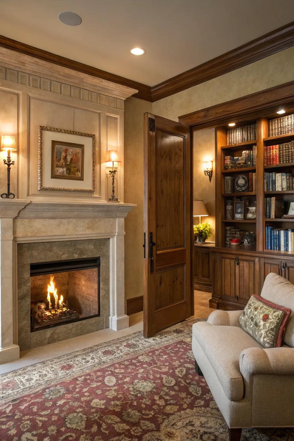 A living area with a hidden door behind a fireplace.
