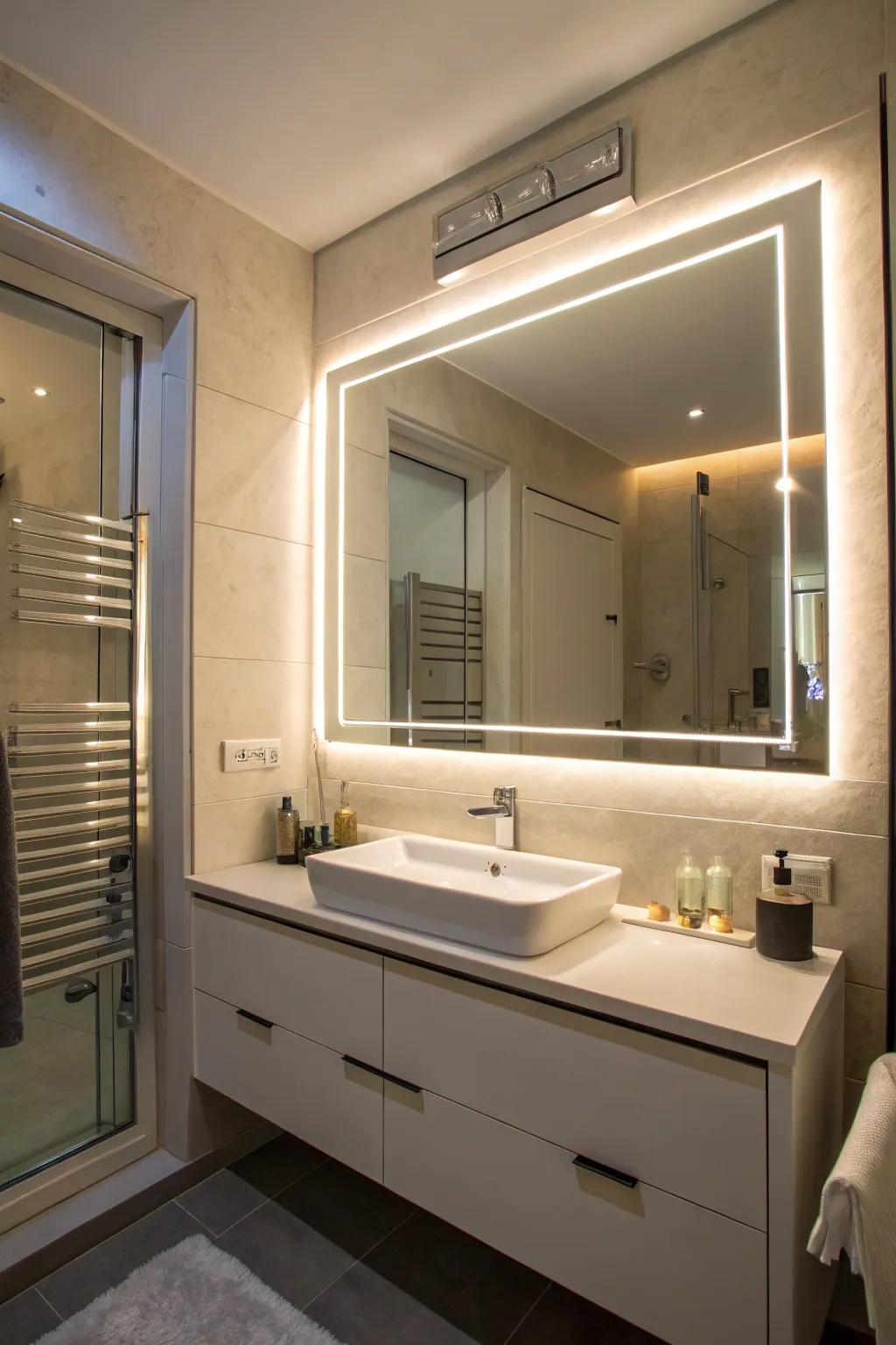 A backlit mirror giving hidden storage capacity.