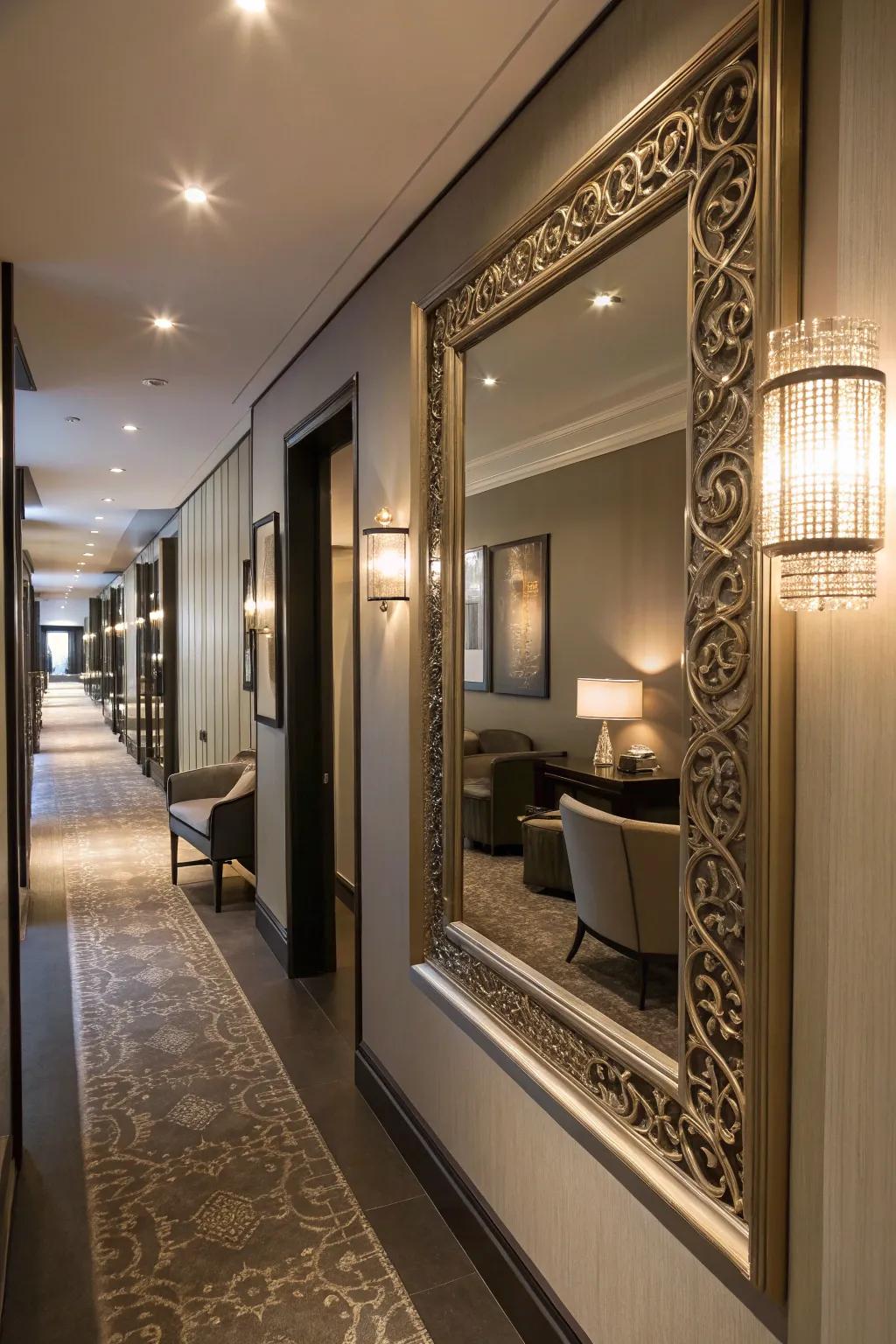 A decorative mirror adding depth and brightness to the hallway.