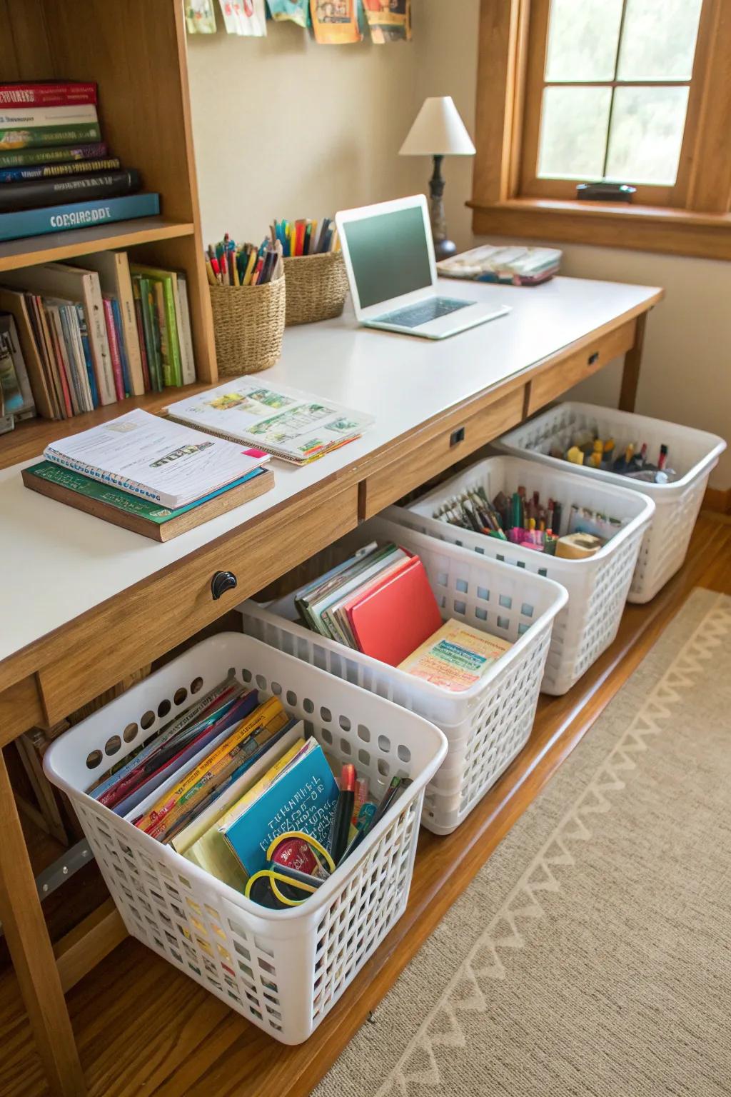 Storage beneath tables maximizes area and retains instruments concealed yet accessible.