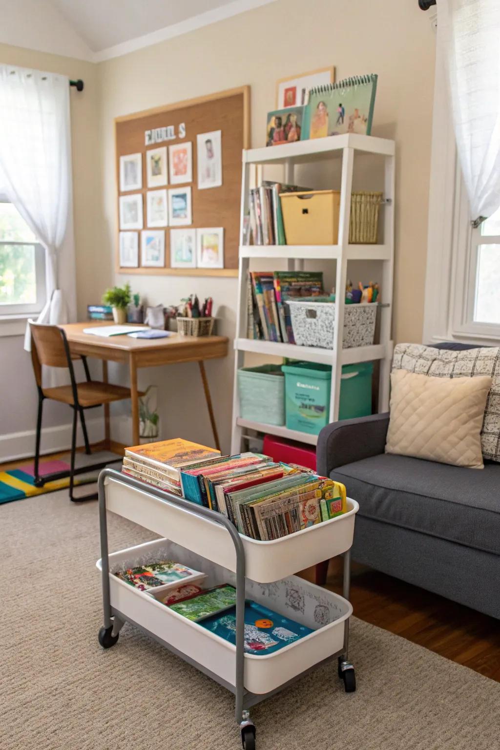 Rolling carts offer flexible storage solutions in tight spaces.