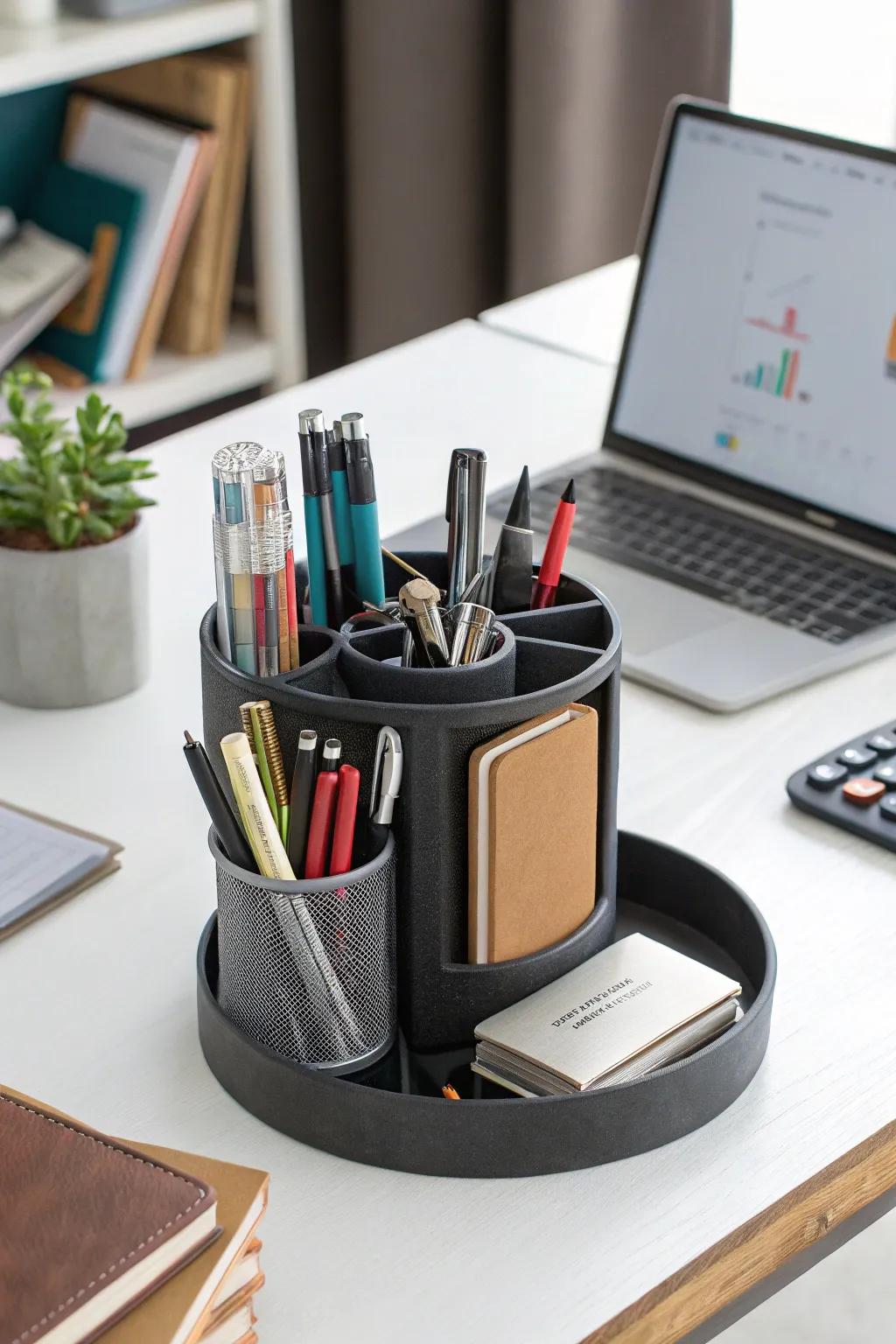A spinning organizer keeps supplies within reach.