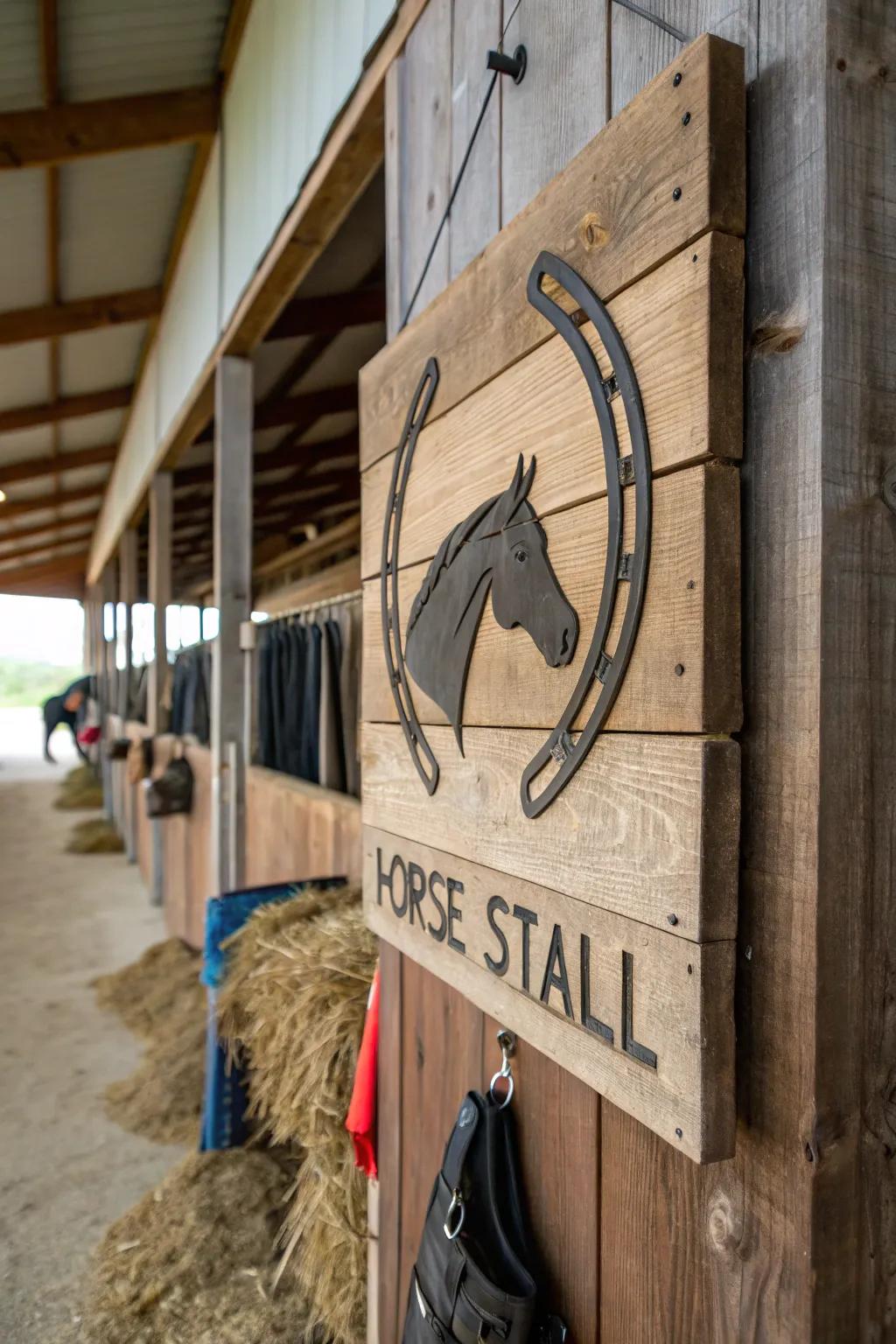 A sustainable horse stall marker made from recovered timber.