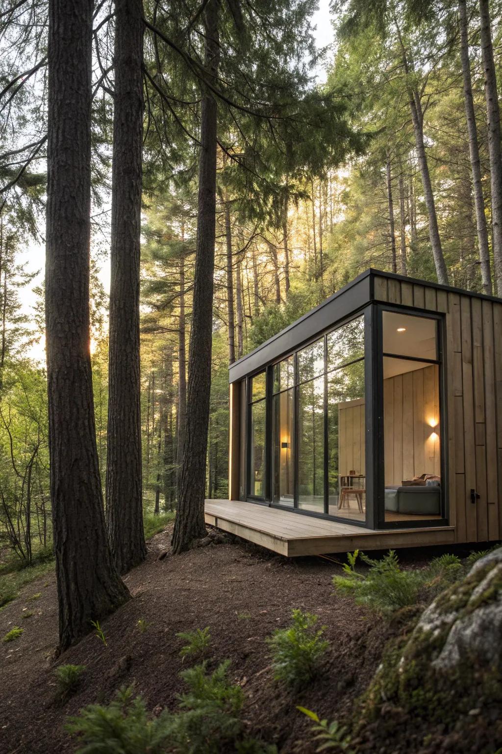 A minimalist enclosure offering a stylish forest retreat.