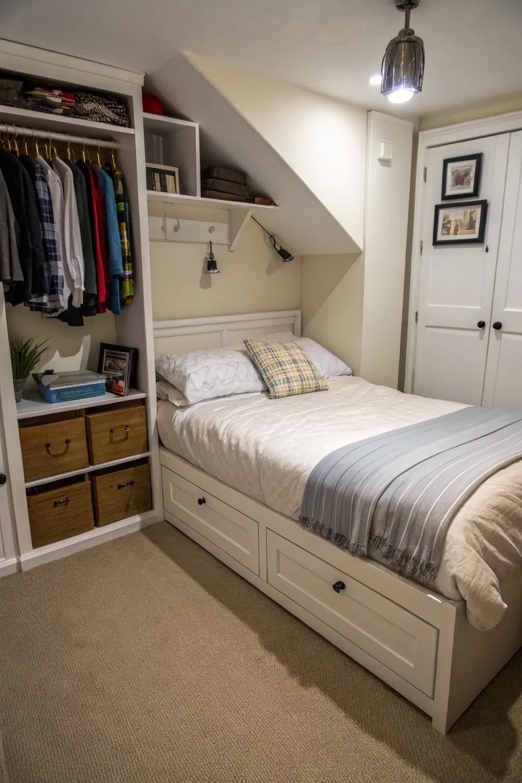 An organized small bedroom enhanced with under-bed storage for a clutter free space.