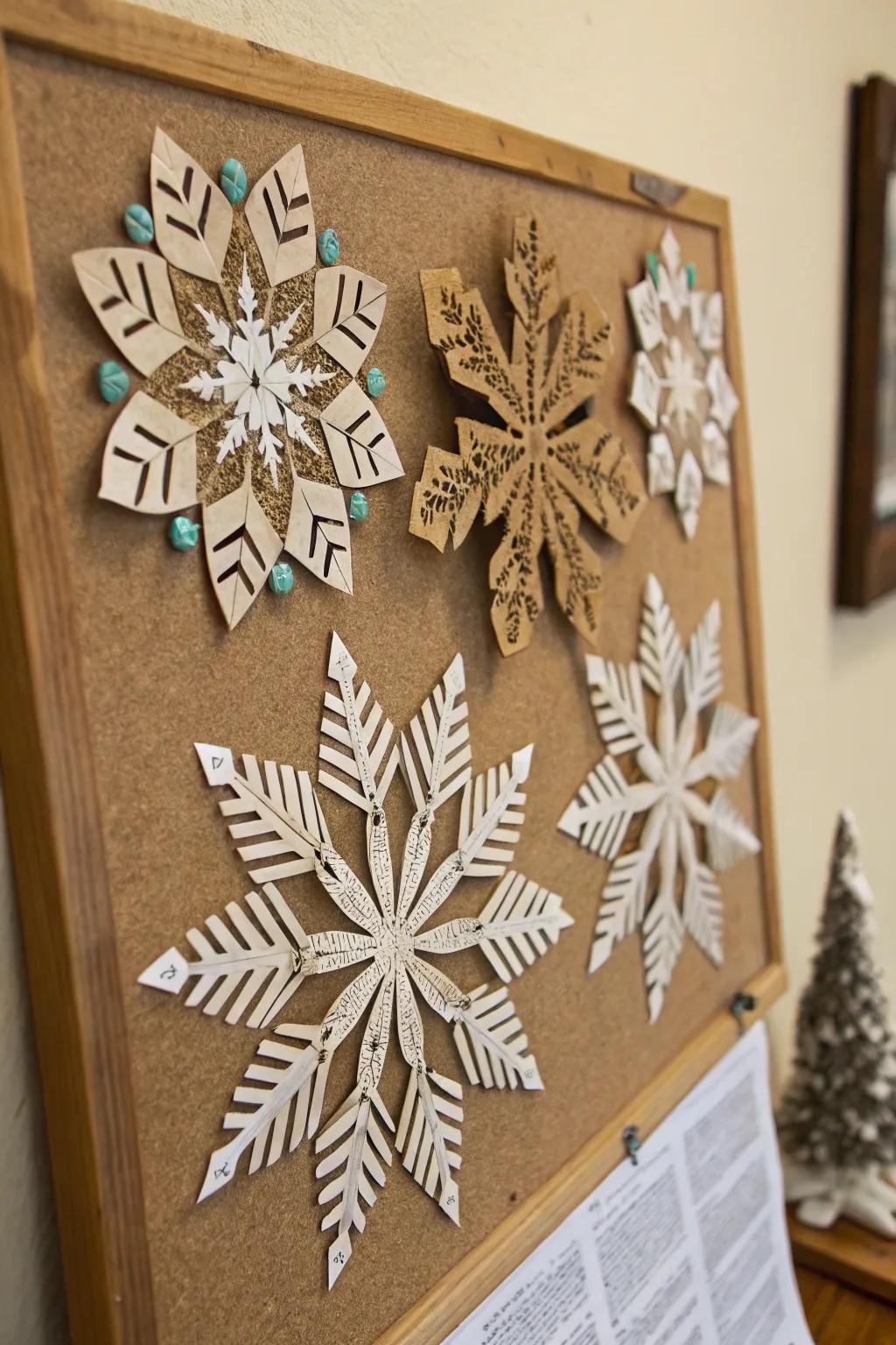 Repurposed materials introduce an eco-friendly dimension to snowflake crafting.