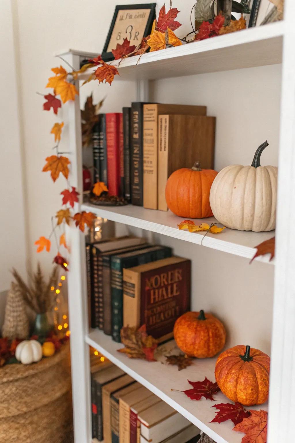 Bookshelf with seasonal decorations for autumn.