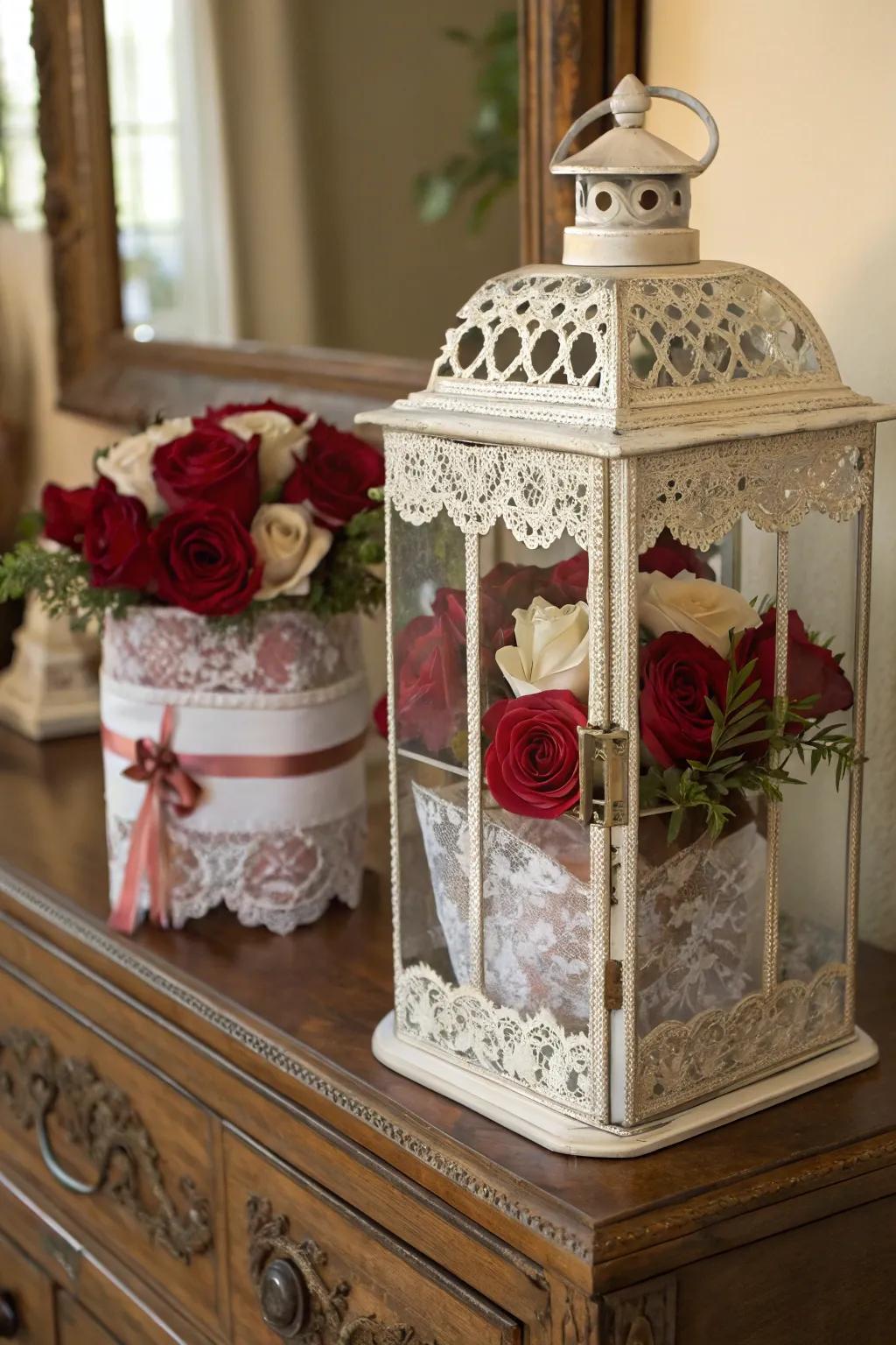 The soft glow of romance, with lace and roses setting the mood.