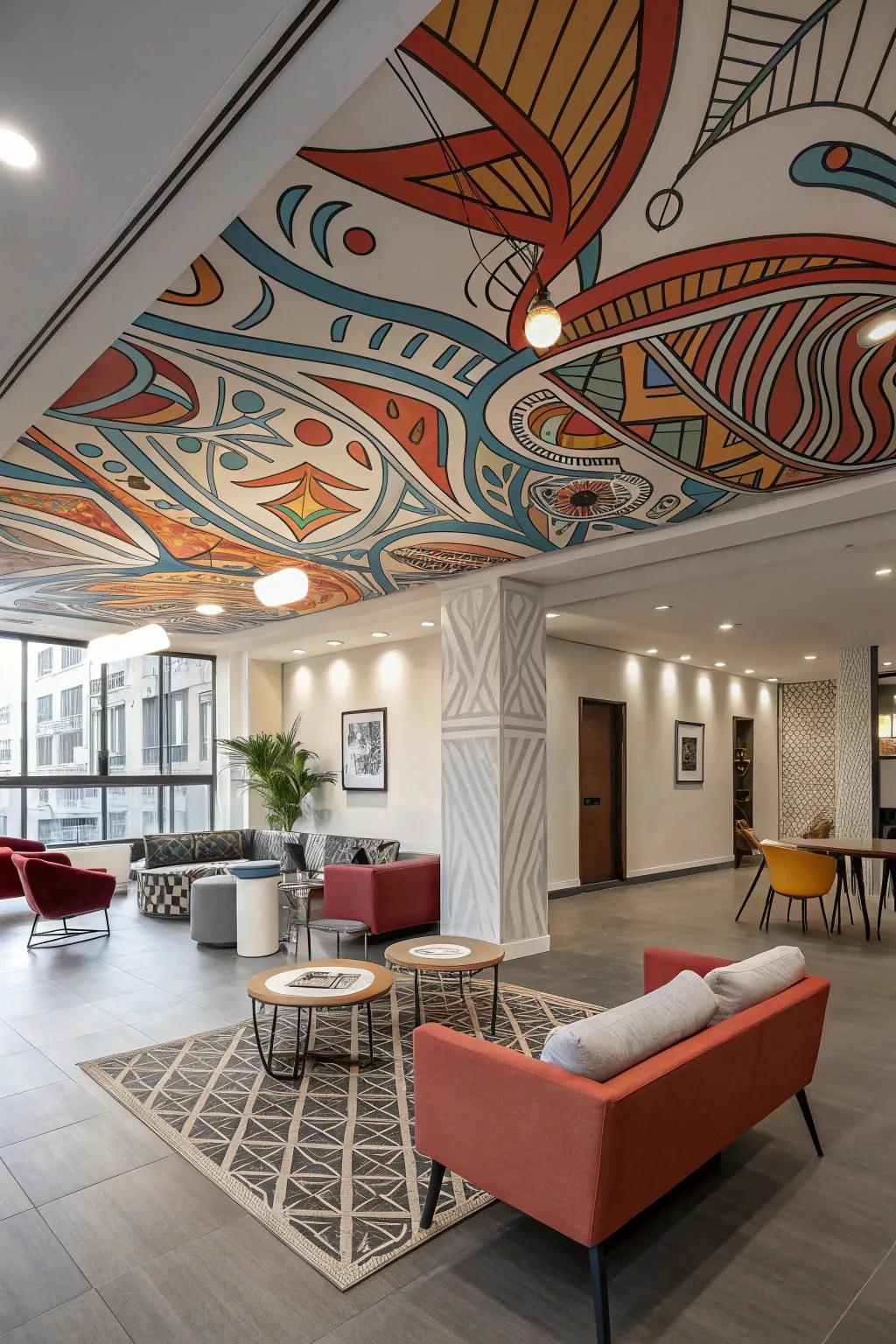A modern room featuring dynamic tinted motifs on the roof.